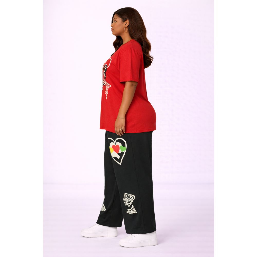 Red Graphic T Shirt & Printed Black Pants Set